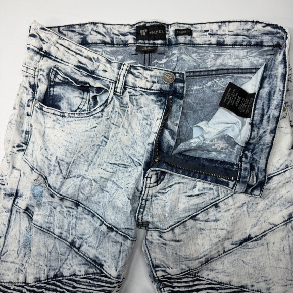 WaiMEA Men's Skinny Fit Acid Wash Biker Jeans Ribbed Distressed Size 34x32 - Picture 5 of 9